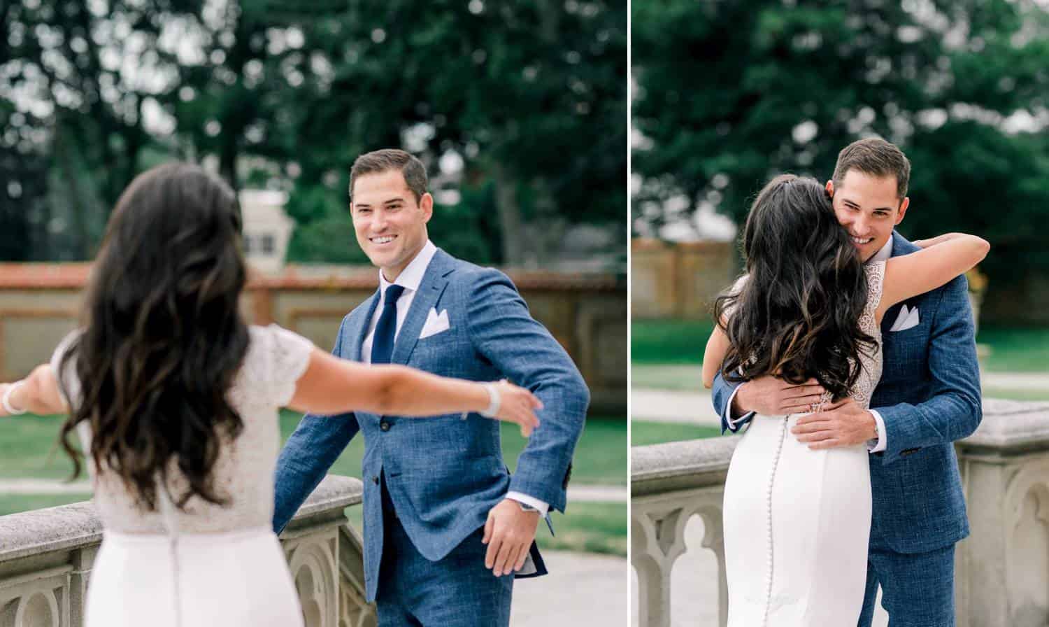 In two side-by-side photos, a bride walks up to a groom who is waiting for her outside, and they embrace.