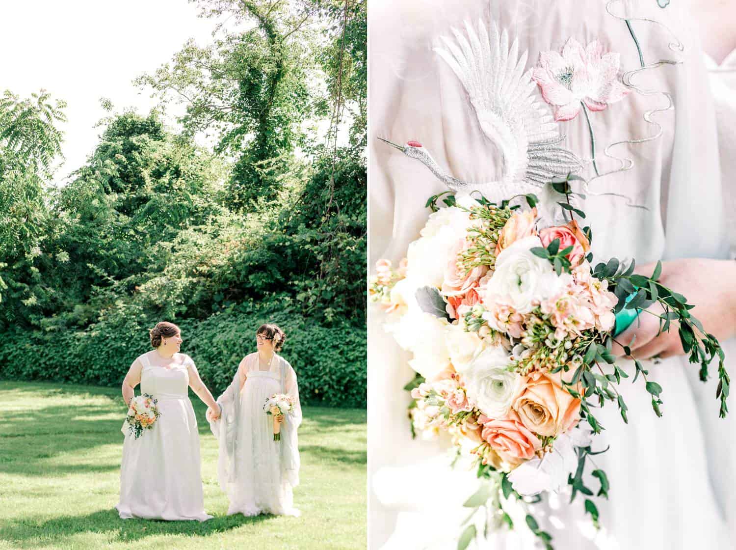 Two brides walk hand-in-hand across a shady lawn. In a second photo, a close-up of one bride's bouquet is depicted.
