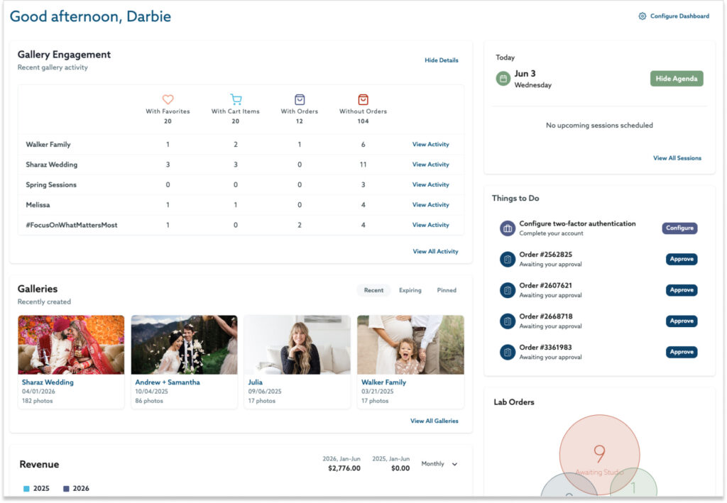 A digital dashboard for a photography business displays sections for gallery engagement metrics, recently created photo galleries, a daily agenda, a to-do list for order approvals, and revenue tracking.