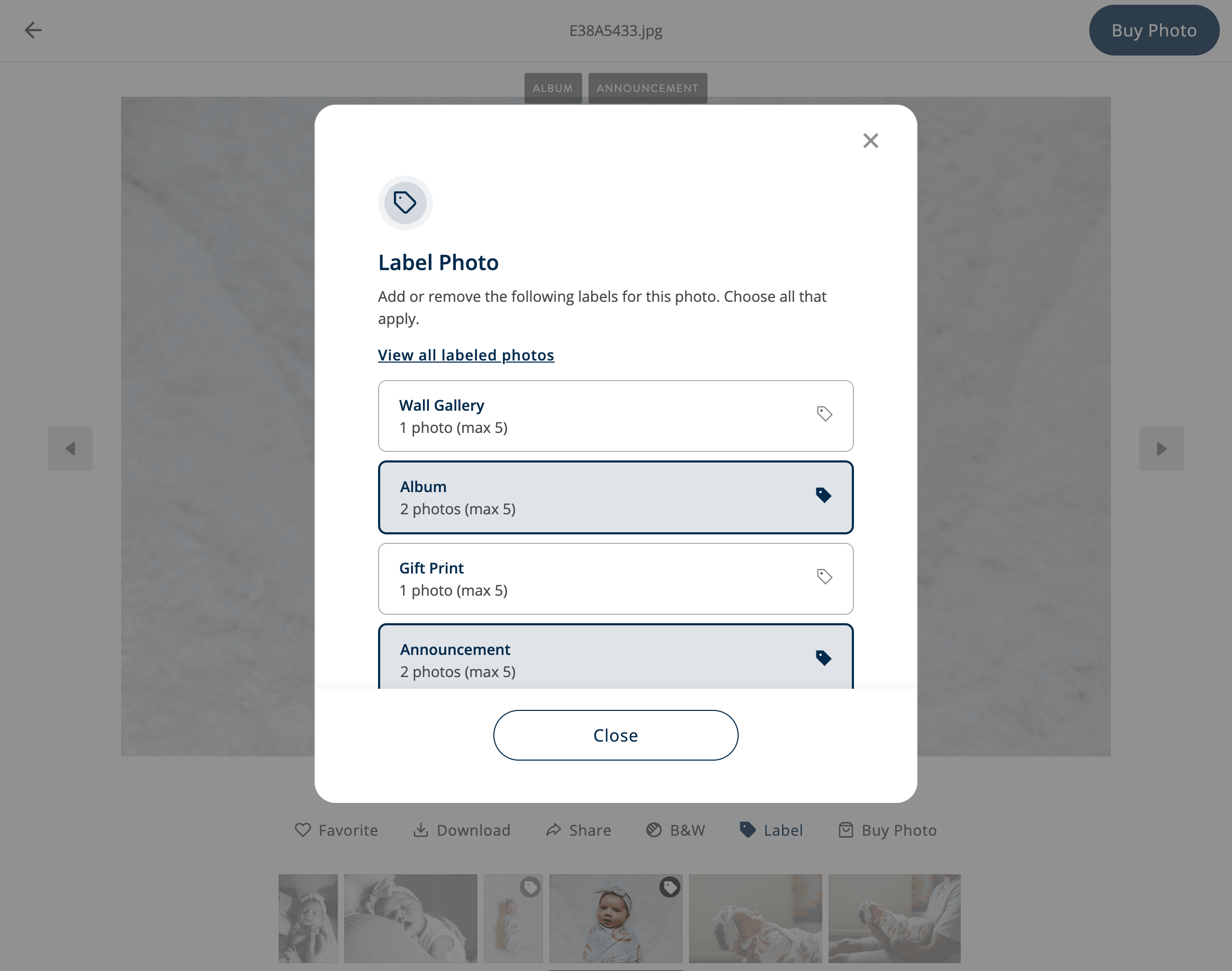 Updated pop up menu for labels in ShootProof galleries desktop experience