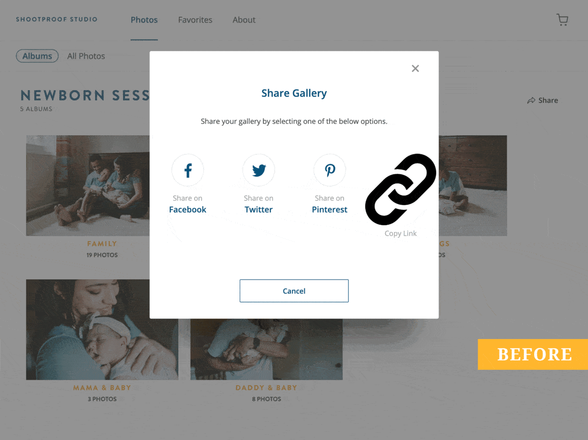 Updated share link in ShootProof galleries desktop experience