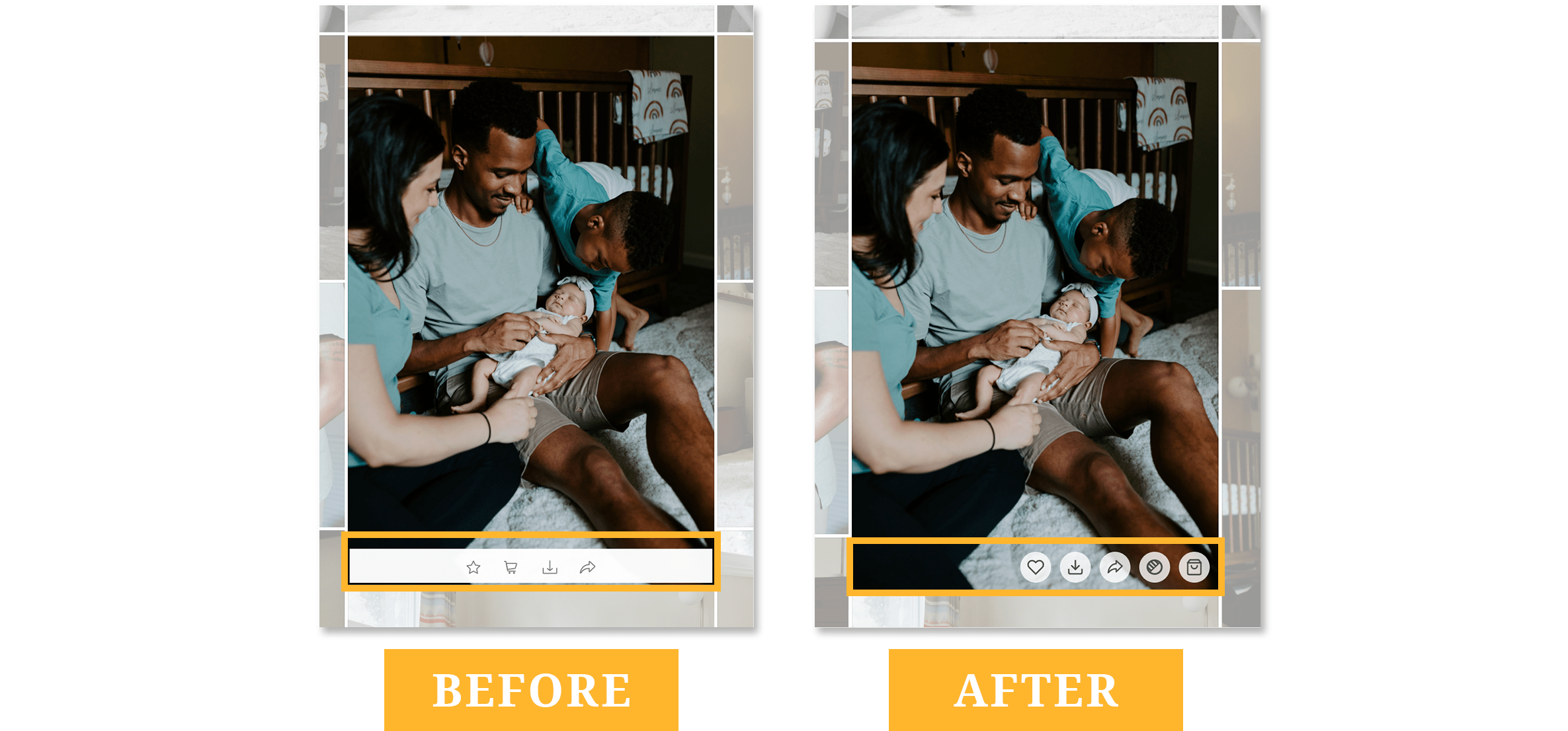 Photo overlay of button options in ShootProof gallery updates