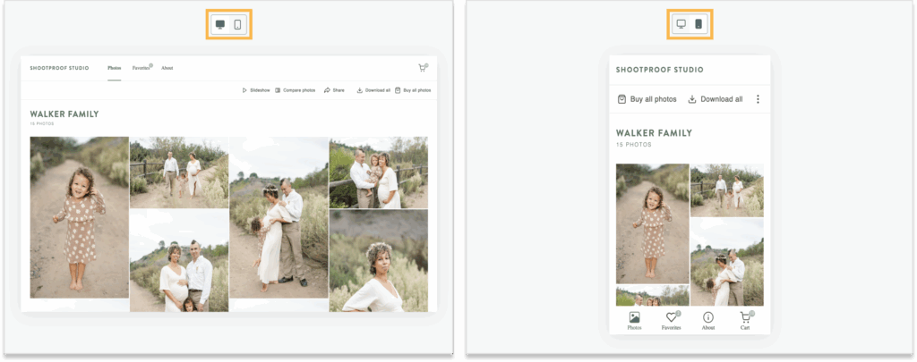 The image shows a comparison of a photo gallery website on desktop and mobile, featuring a collection of family photos with a natural, outdoor setting. The desktop version displays more options and a wider view of the photos, while the mobile version is streamlined for smaller screens with a simplified menu.