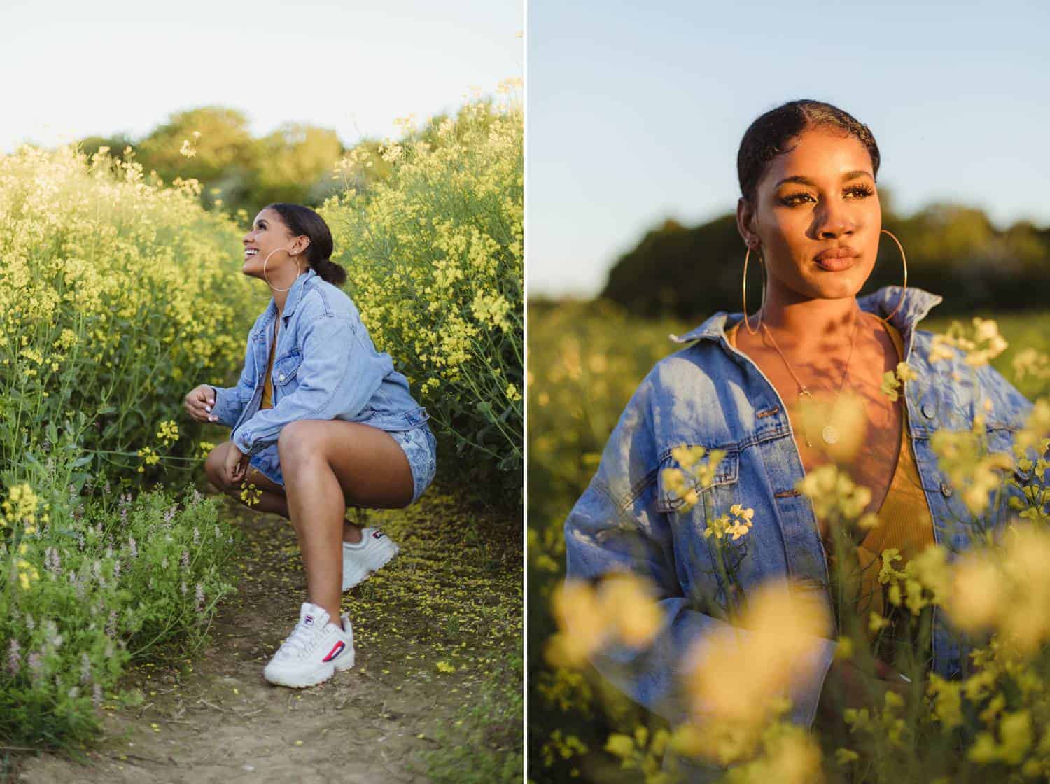A young Latinx person wearing a denim shirt is photographed by Humphrey Muleba in a field full of wildflowers