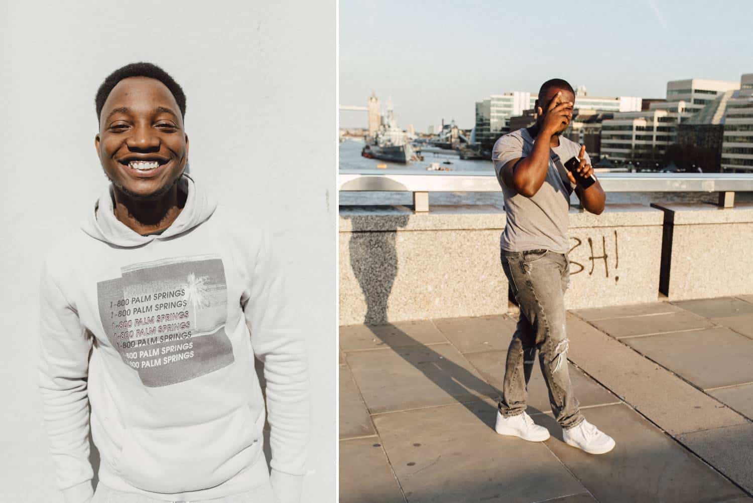 A young black man in a silver and gray outfit laughs and poses on a white wall for a digital photography session with Humphrey Muleba