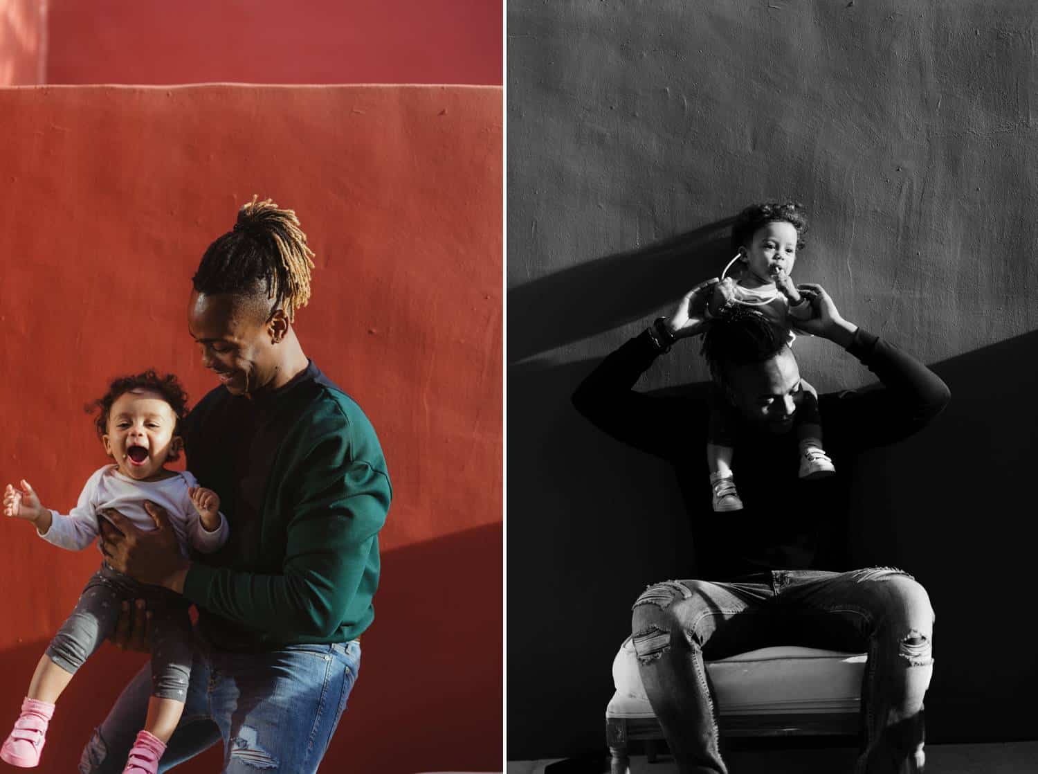 A person and their child play and cuddle in front of a brick red wall during a digital photography workflow session with Humphrey Muleba