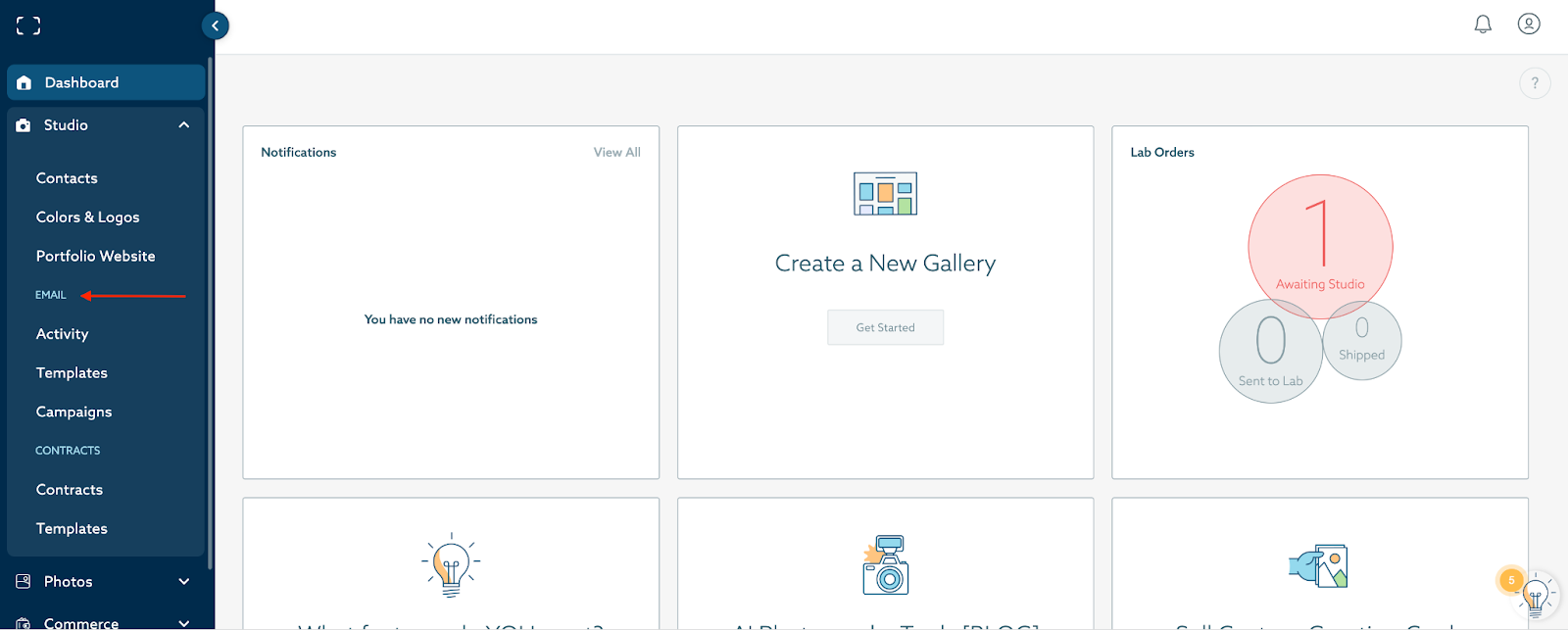 View of ShootProof dashboard navigation and where to find emails