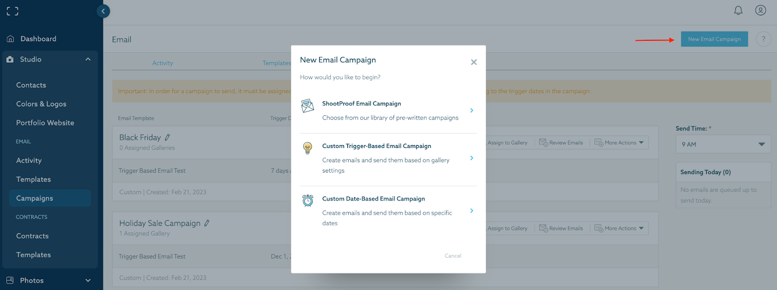 How to create a new email campaign in ShootProof studio