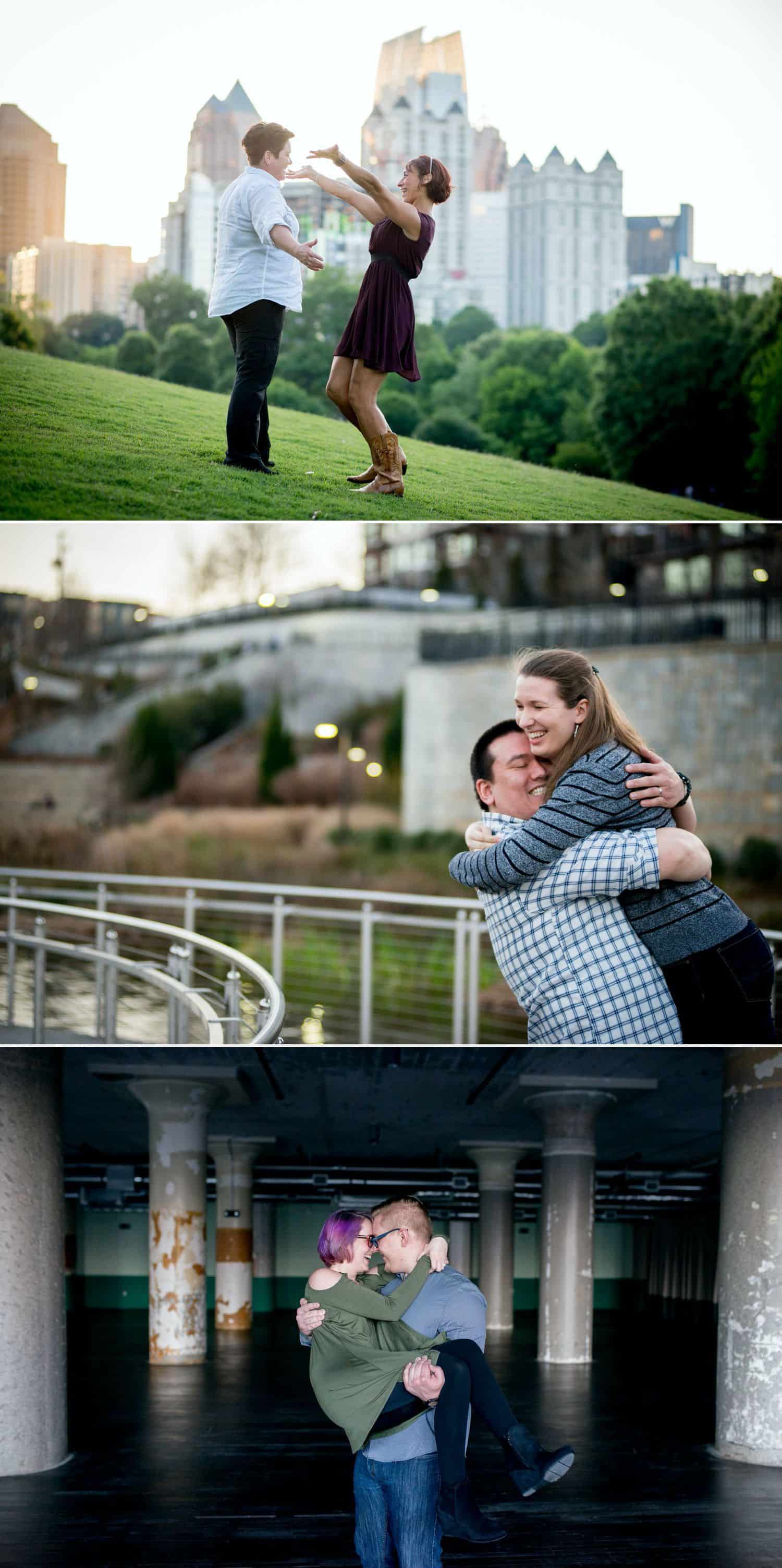 Couple give each other big bear hugs to demonstrate their love for their engagement session