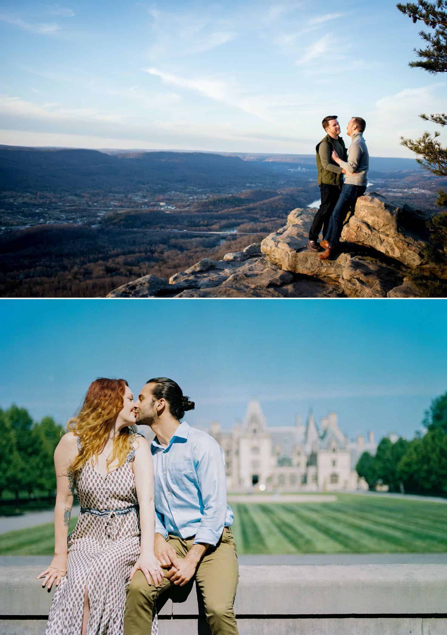 Pose your engaged couple so you can also capture the gorgeous scenery behind them