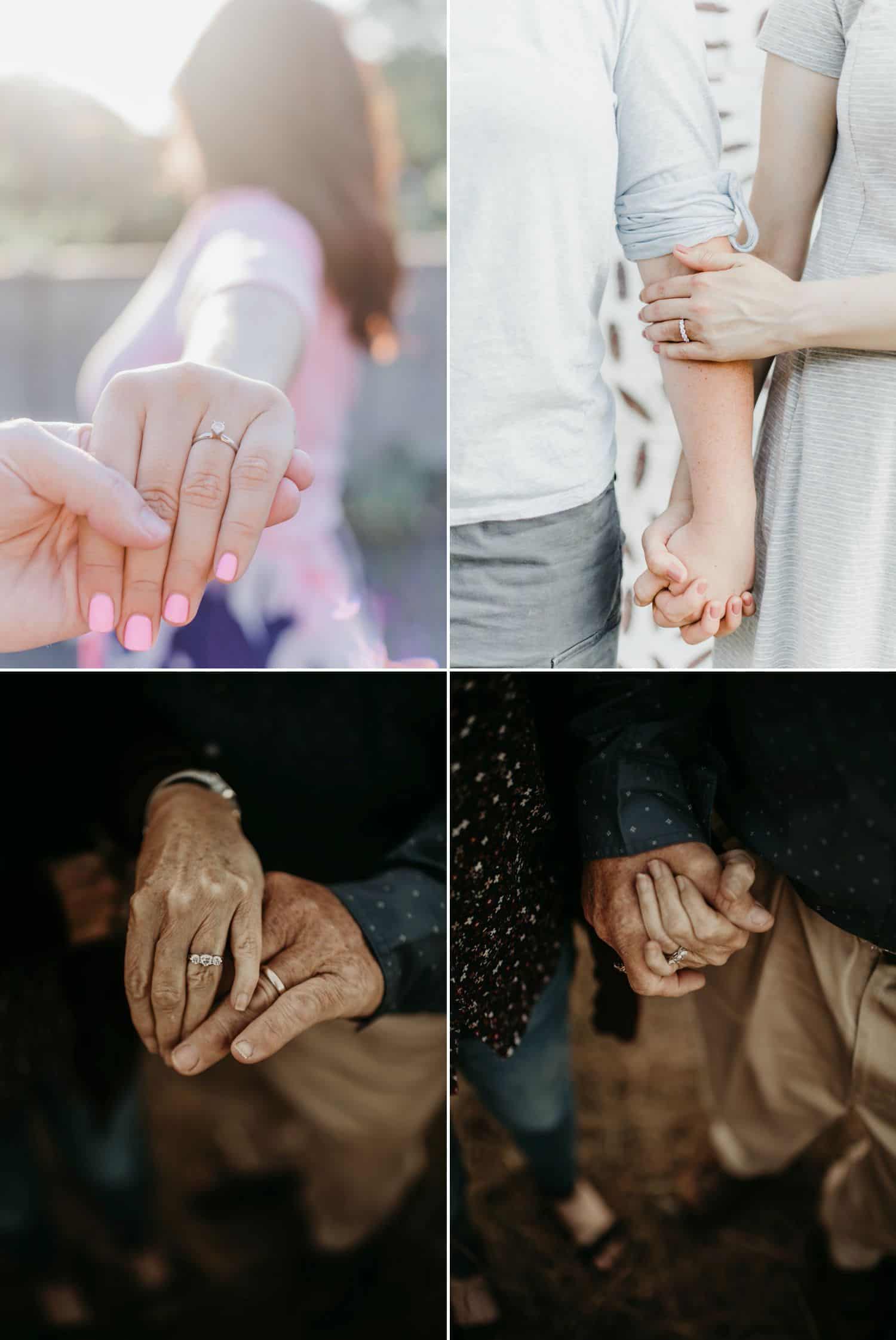 Wedding and engagement rings are creatively photographed on three different couples