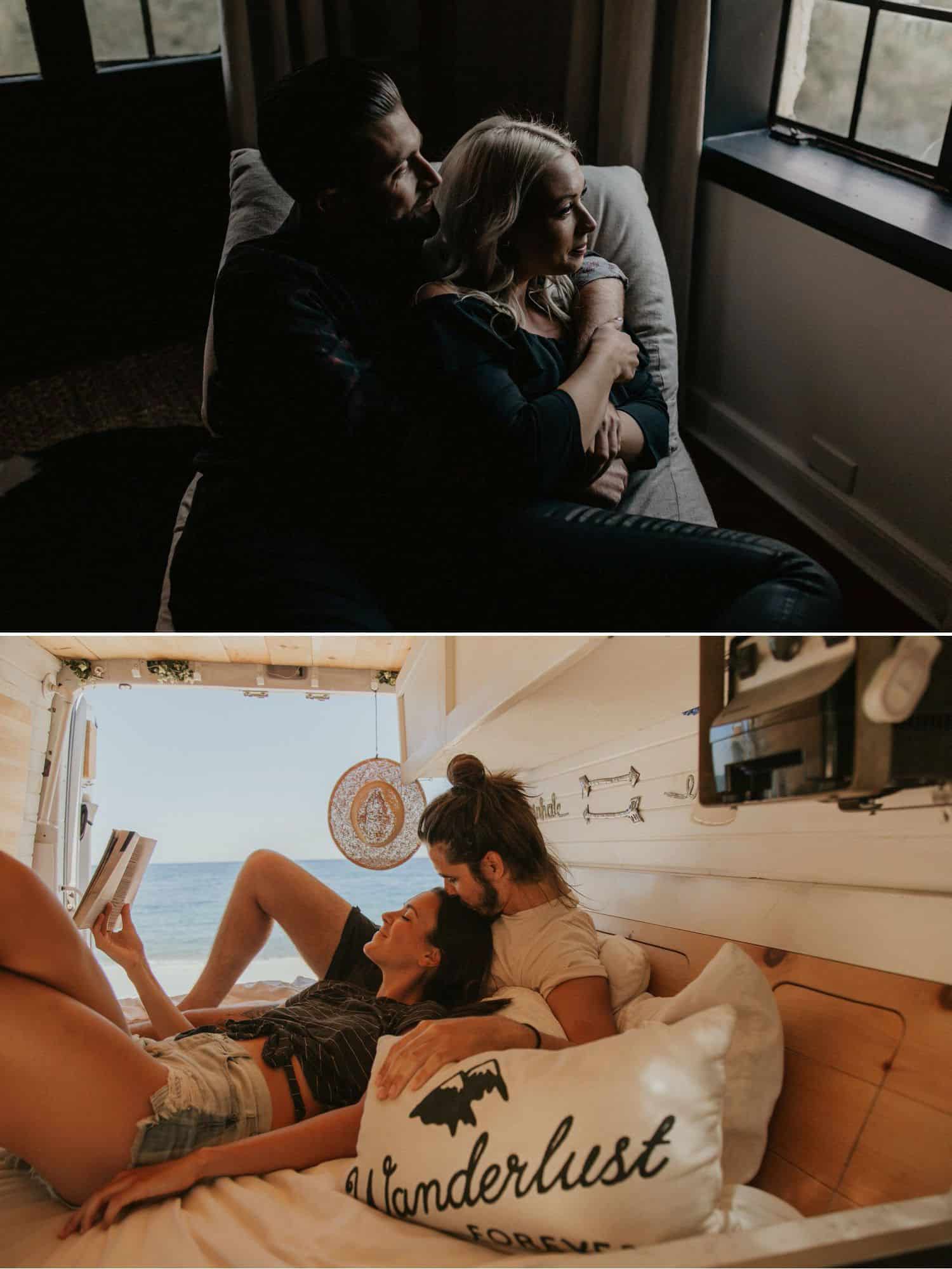 Couples lounge around for lazy Sunday engagement photos