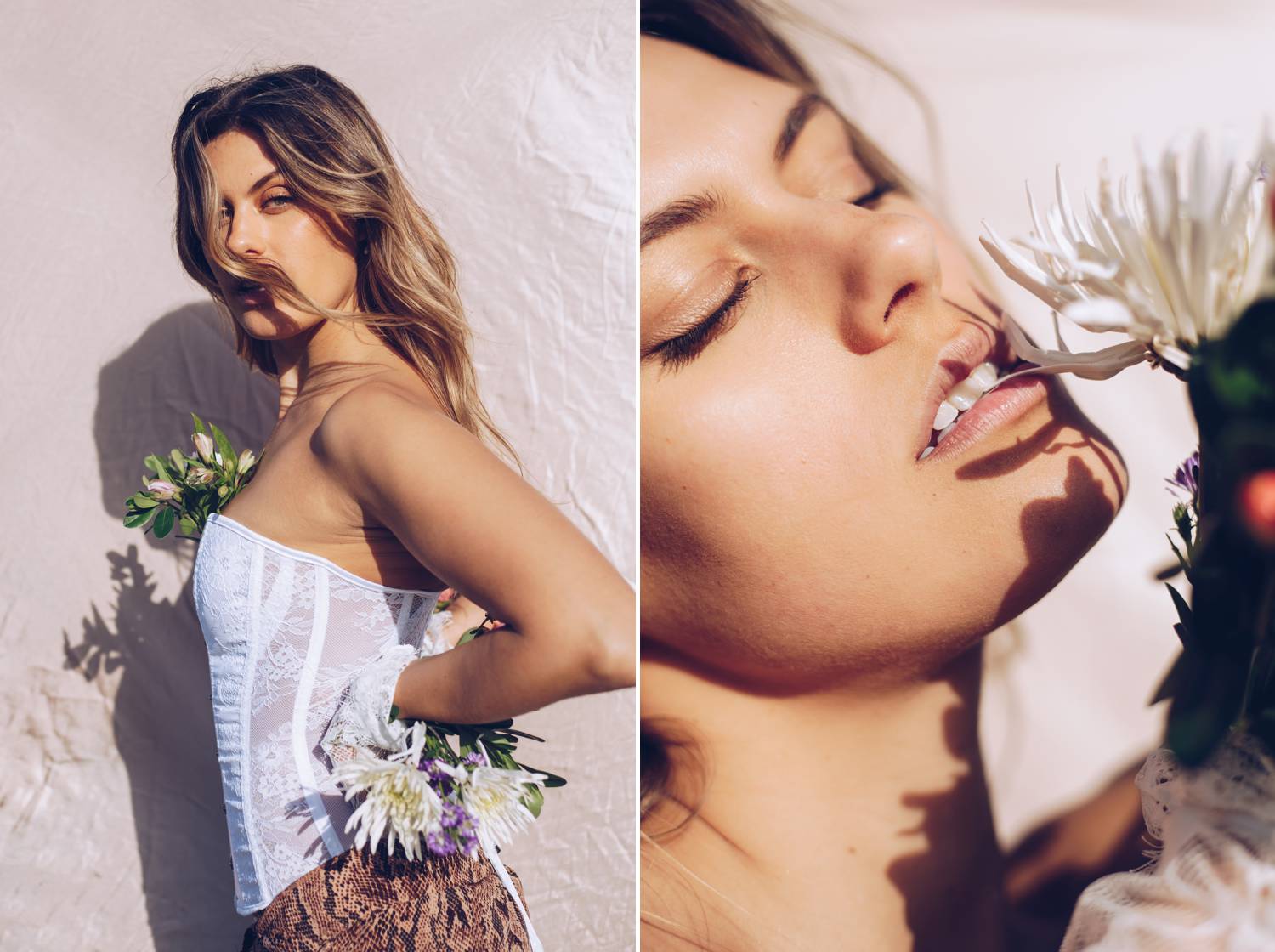 A model wearing white poses against a cream background for full sun beauty portraits