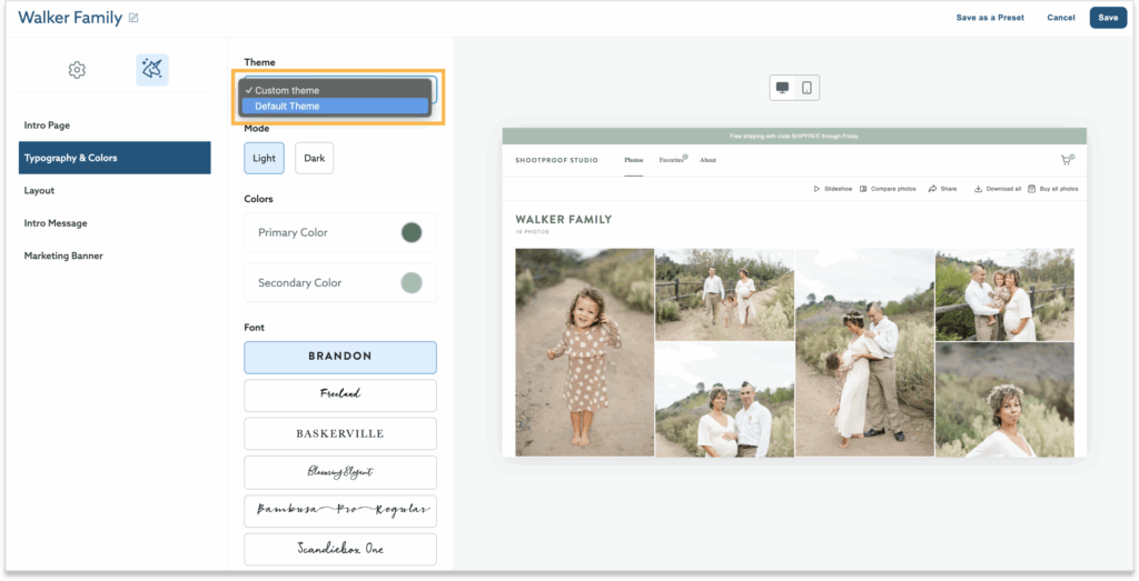 The image shows a website interface for customizing a photo gallery, with options for theme, colors, and fonts on the left panel, and a preview of the gallery featuring family photos on the right. The "Custom theme" option is selected in the theme settings.