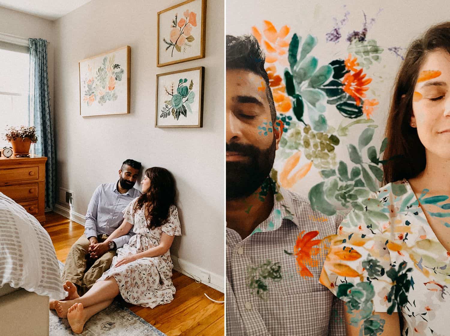 A couple poses among their floral wall art in FaceTime photos taken by Barbara O. Photography