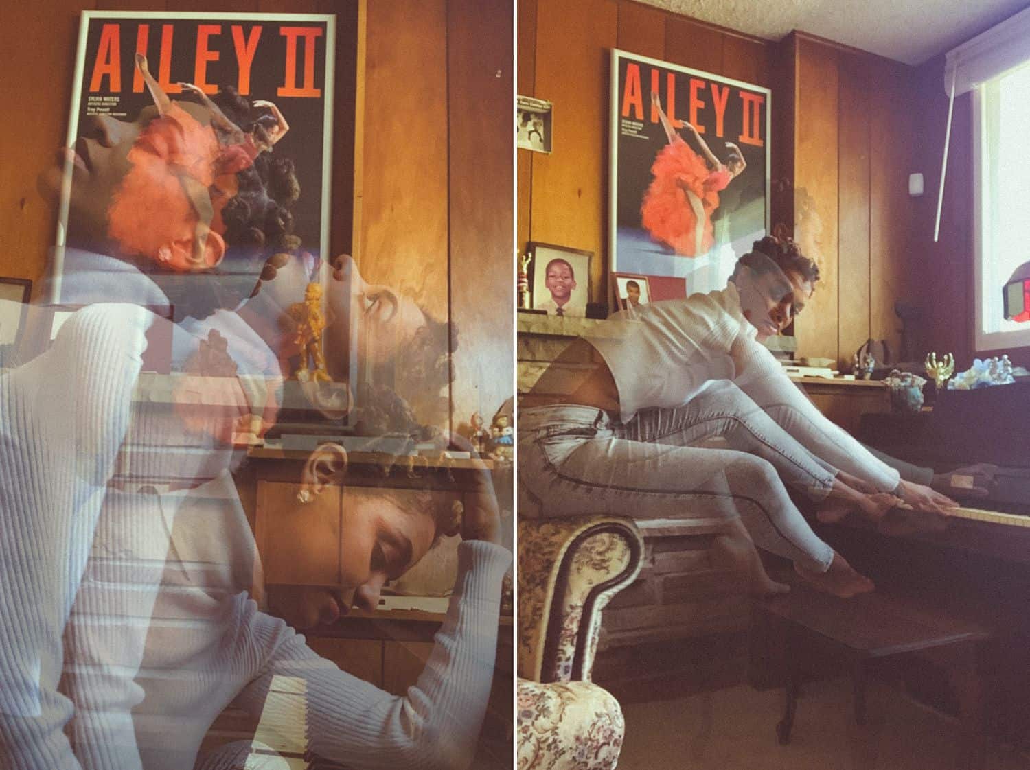 Two double exposures of a woman in her living room shot via FaceTime by Lauren Alexis