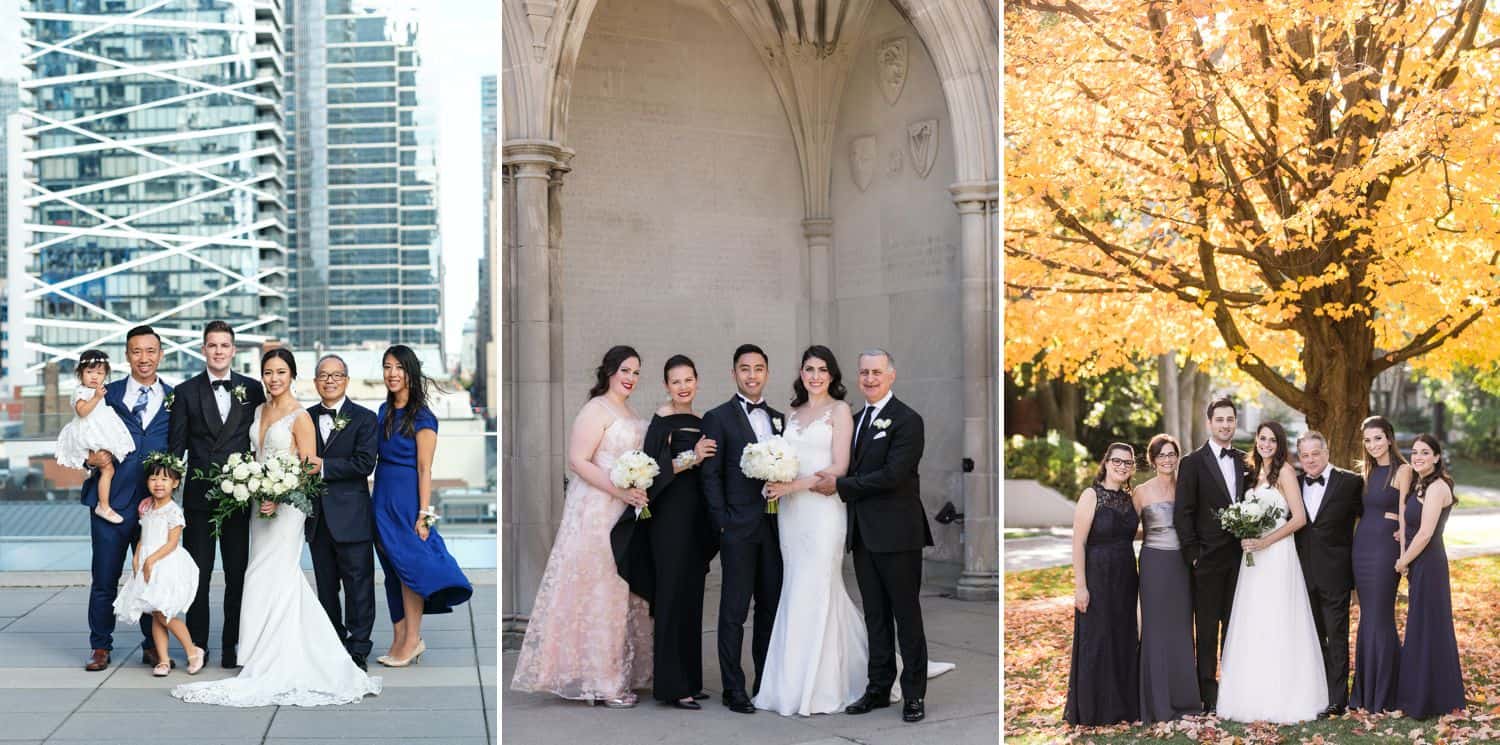 Triptych of three family portraits taken at beautiful outdoor weddings