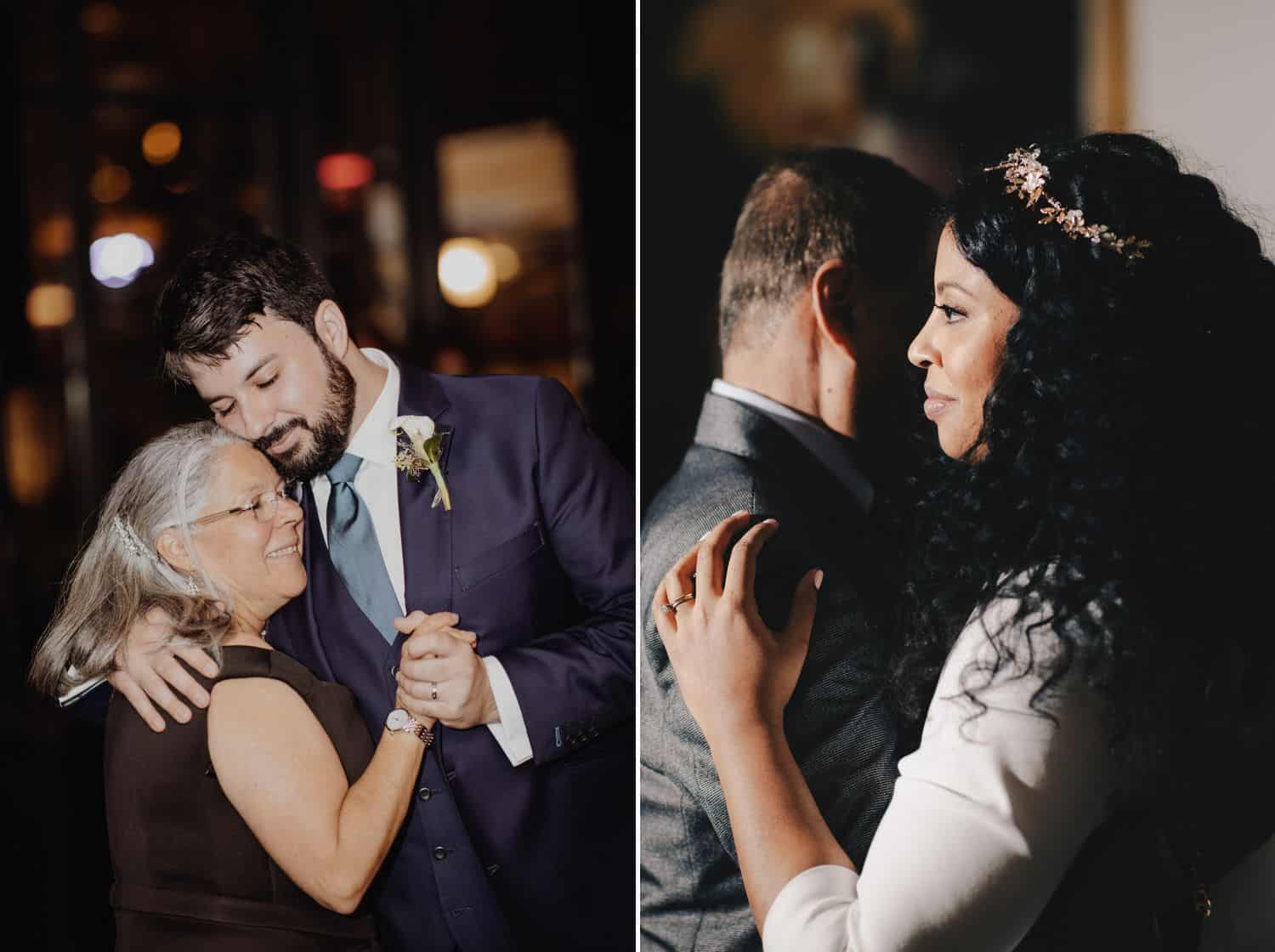 A groom dances with his mother and a bride dances with her father on their wedding days