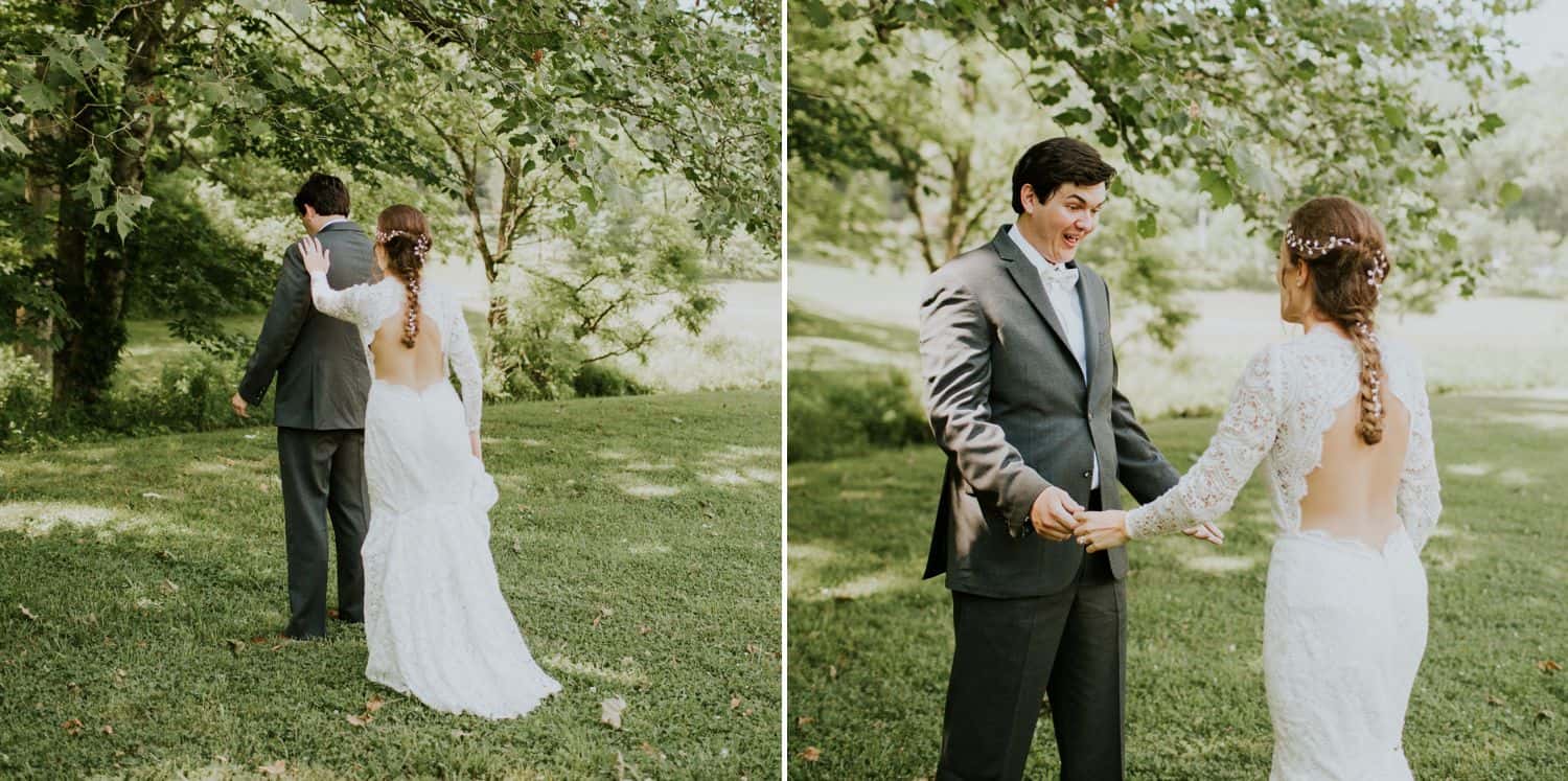 A bride taps her groom's shoulder and he turns toward her for their first look.