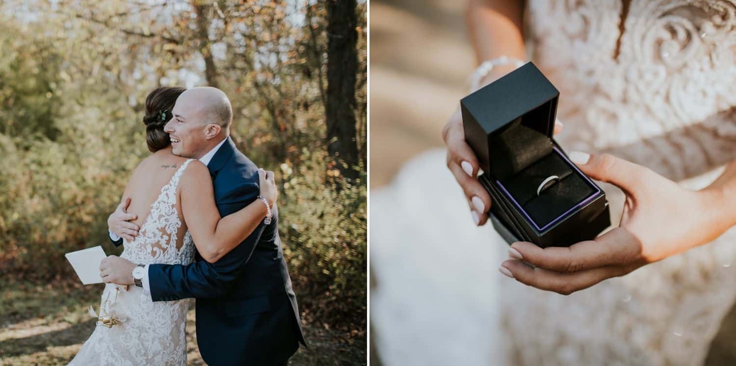 A bride and groom exchange gifts and hug during their outdoor first look.