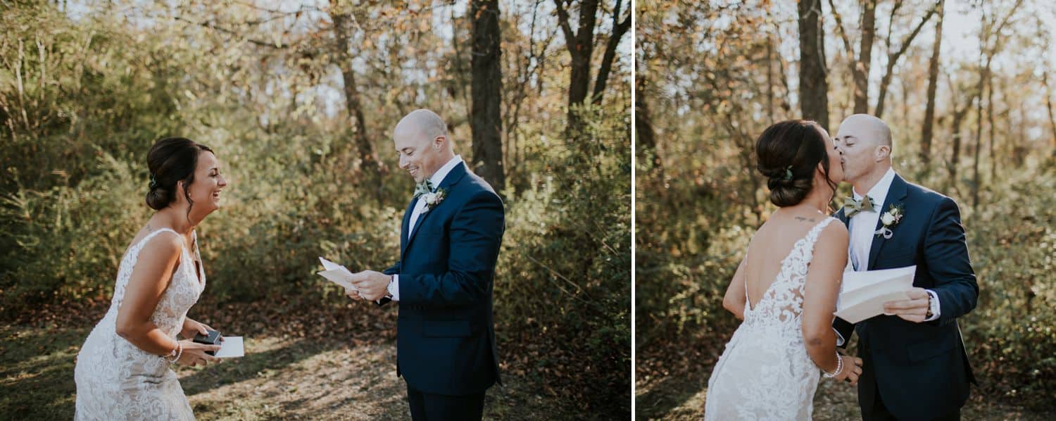 A bride and groom exchange gifts outside during their first look.