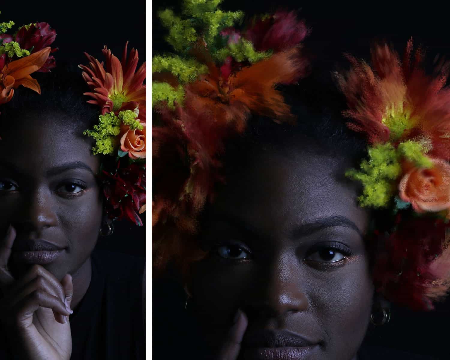 A Black woman poses for a moody headshot. She's wearing a flower crown that's been enhanced with an impressionist Photoshop brush.