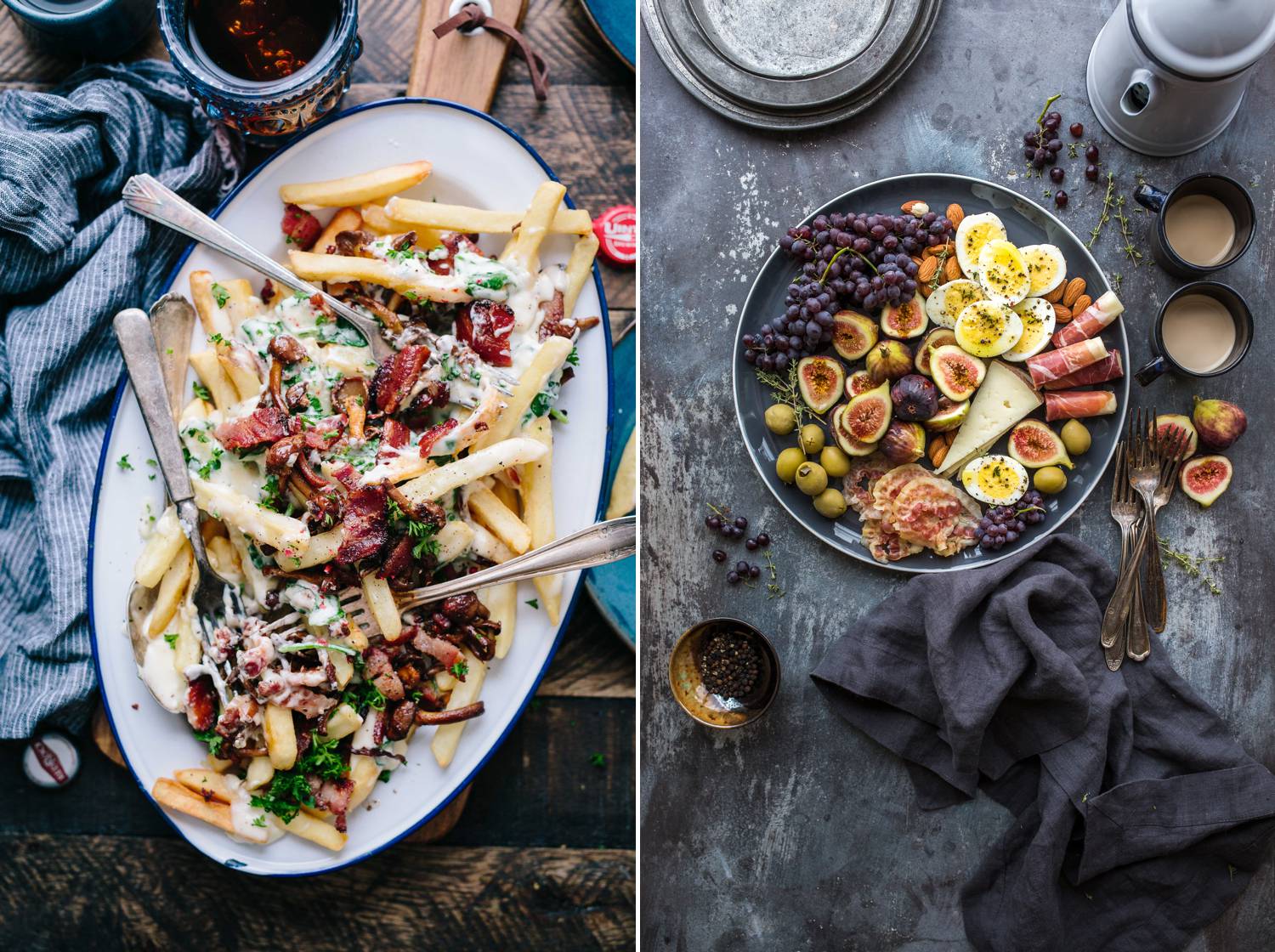 An oversized plate of poutine is plated amid a full tabletop