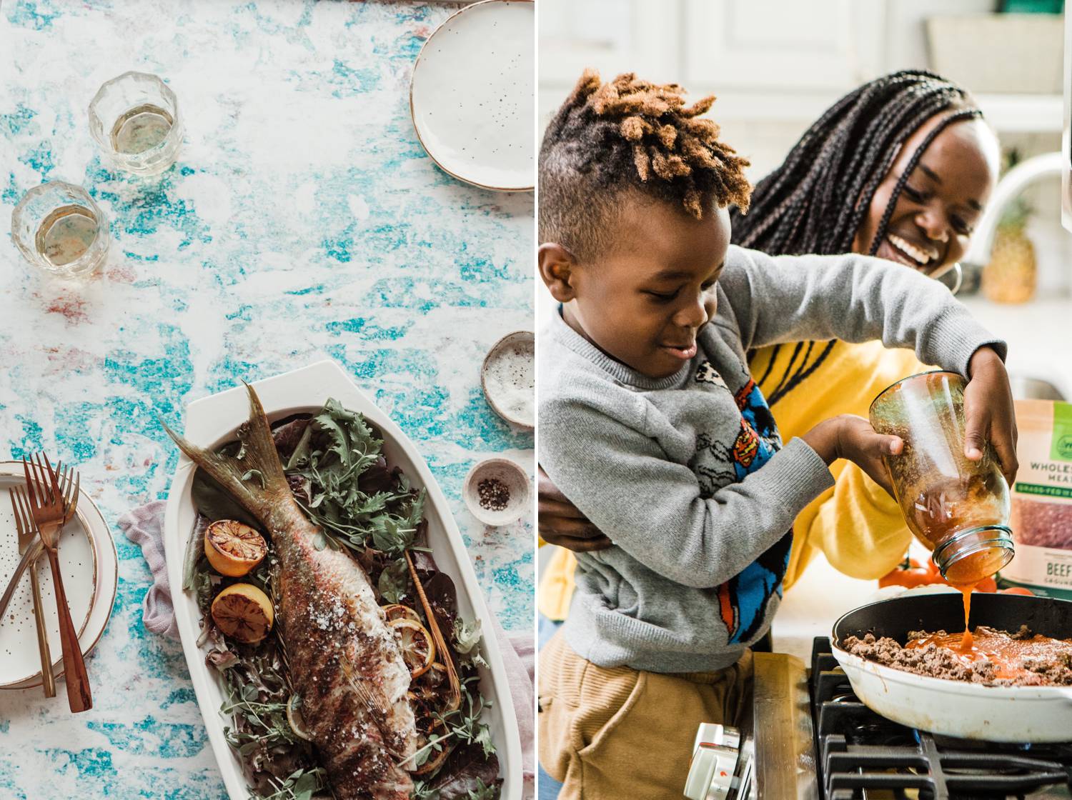 A baked fish is presented in a porcelain dish. A mom and her son pour sauce into a pan full of spaghetti meat.