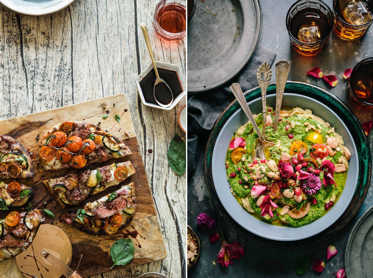 A homemade pizza is sliced on a cutting board. A dish of gazpacho is plated with purple onion.