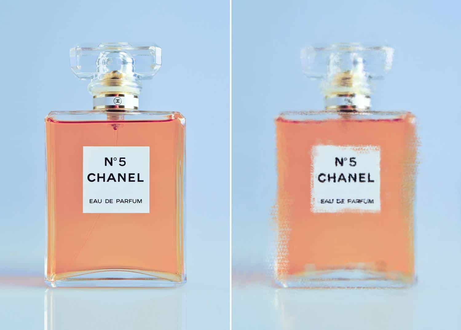A photograph of a Chanel No. 5 bottle is depicted twice: once with no filter, and once with a Impressionist painting filter by Couture Design and Jessica Johnson