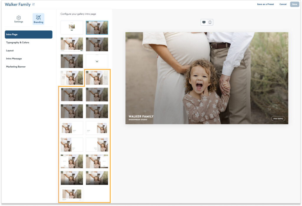 Screenshot of gallery intro page design options; a family photo featuring a pregnant woman, man, and a toddler girl is the...