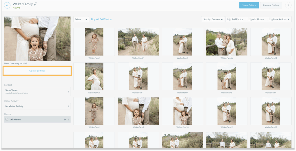A screenshot of a photo gallery interface titled "Walker Family" shows thumbnails of maternity and family photos taken outdoors. The gallery includes options to select, buy, share, and preview the photos, as well as settings and album management tools.