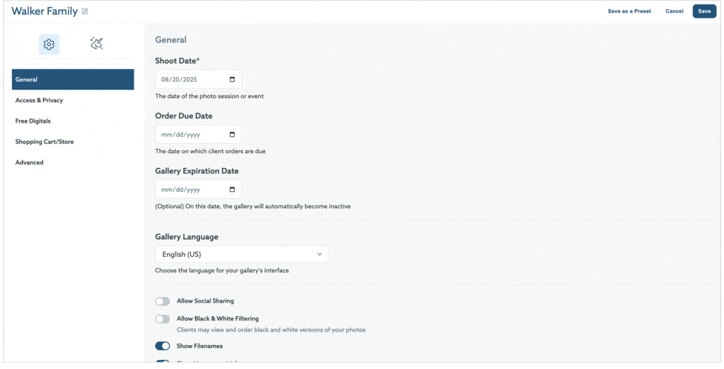 general gallery settings