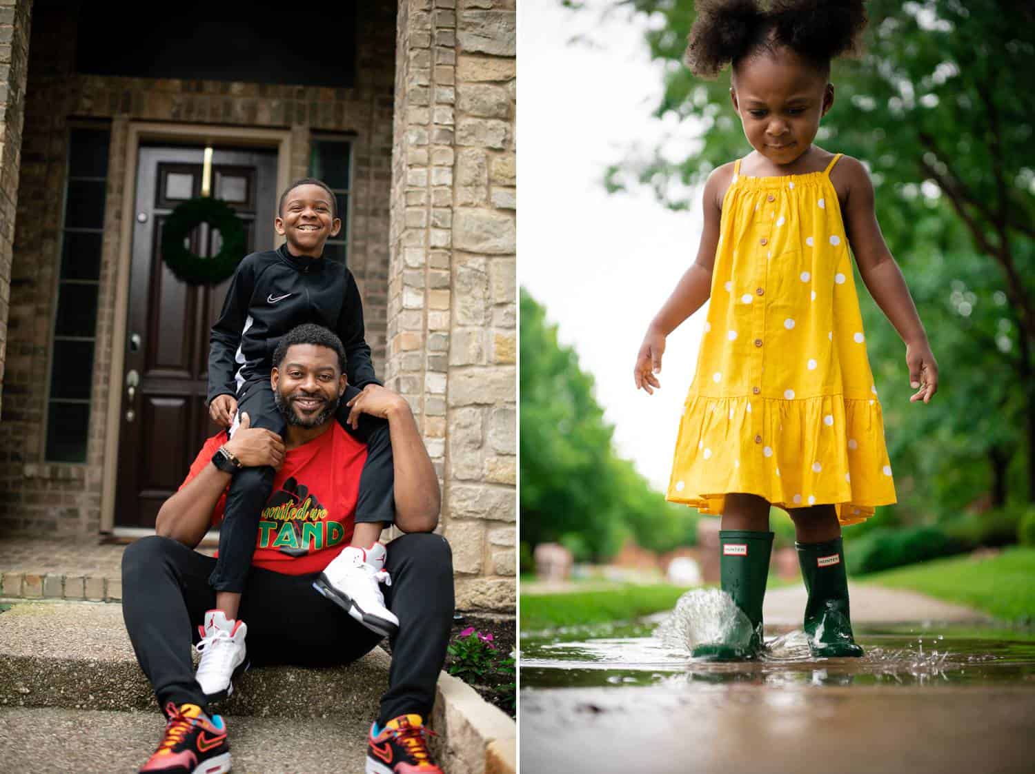 Two side-by-side photos show the daily interactions of a Black family. On the left, a little boy in a navy blue shirt sits on his dad's shoulders. The dad is seated on the front steps of the family's brick home. On the right, a little girl in a bright yellow dress splashes through a puddle in her green Hunter boots.