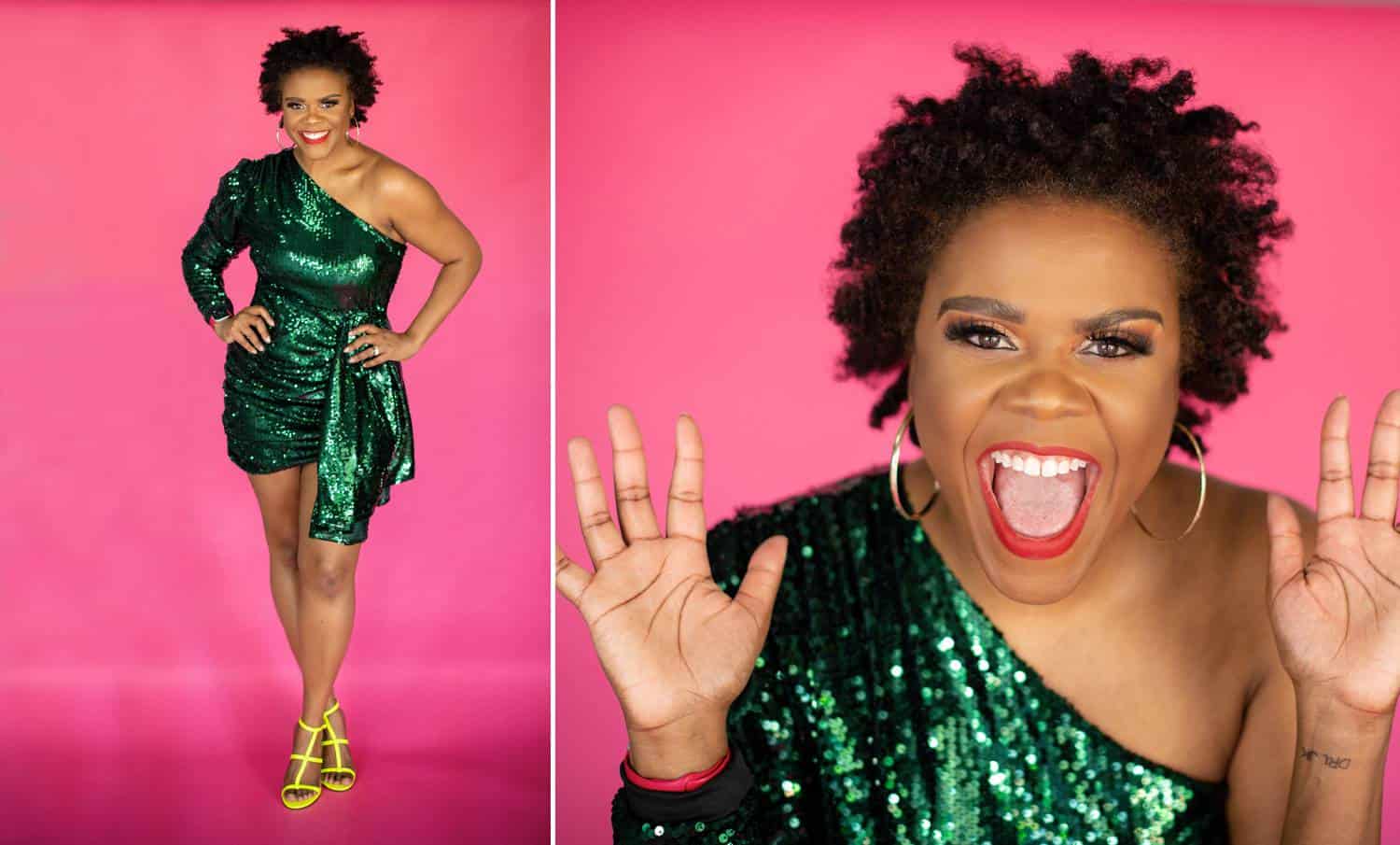 Two self-portraits of LaJune King show the Frisco, Texas photographer in an emerald green, sequined mini dress posing on a hot pink backdrop.