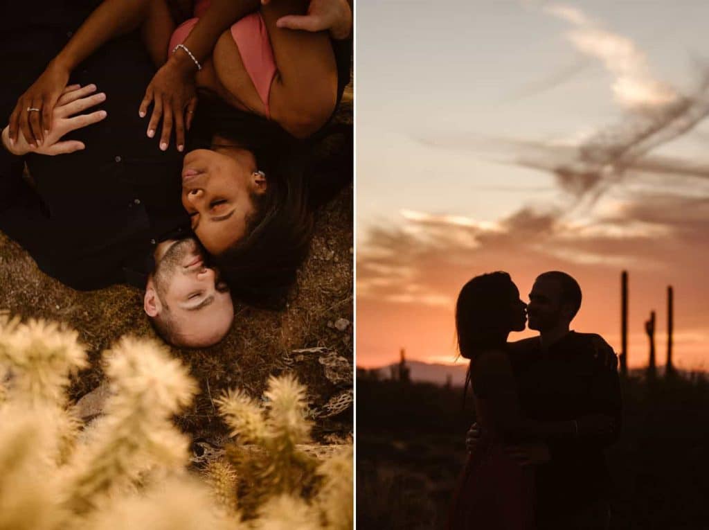 A young couple snuggles close at sunset in the desert