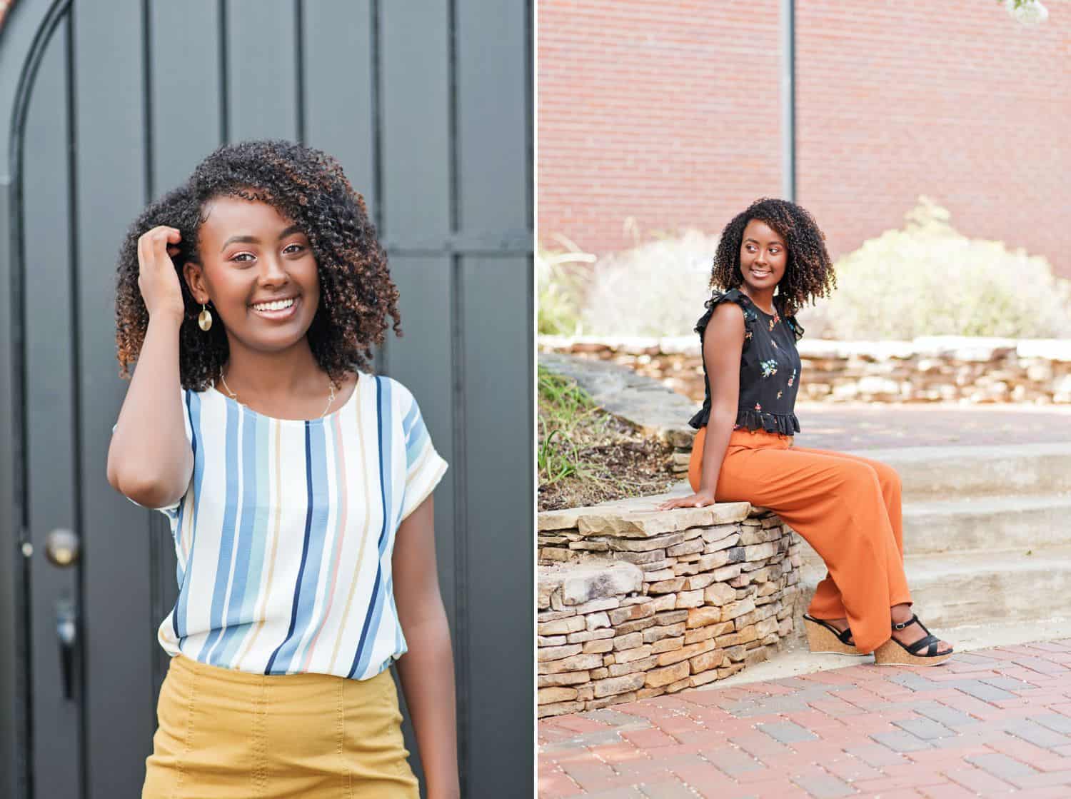 A high school senior with curly hair poses in brightly colored outfits against simple backdrops