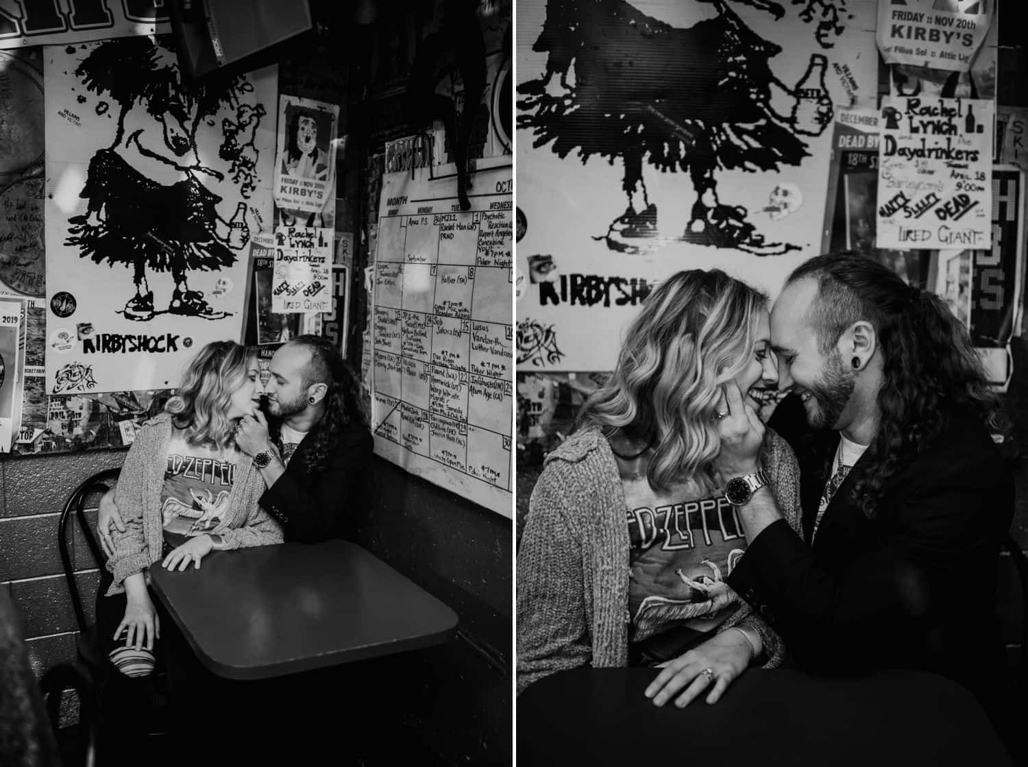 Black and white photos of a hipster couple sitting in a bar booth. Low light images by Shelby Laine Photography