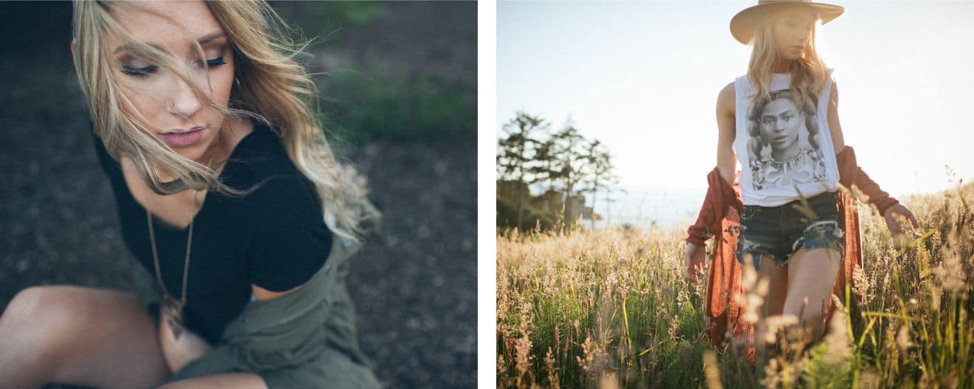 A young blonde woman strolls through a field wearing boho clothing during a digital photography workflow session with Spanki Mills