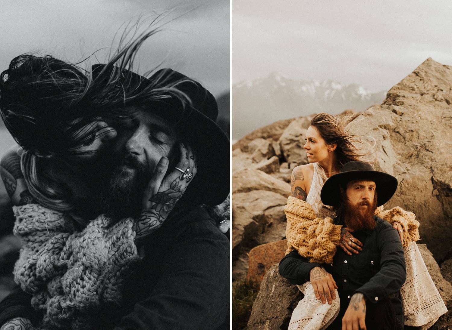 A man and woman cuddle close together on the the rocks of a mountain lake