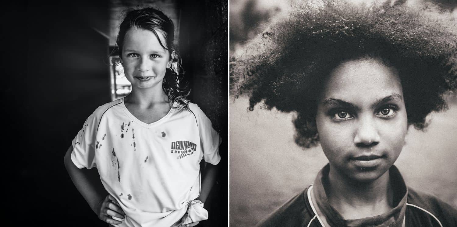 Photos by Kate T. Parker for Strong is the New Pretty - Left: A young girl poses in her soccer jersey. Right: a young girl stares intensely into the camera. Both photos are black and white.