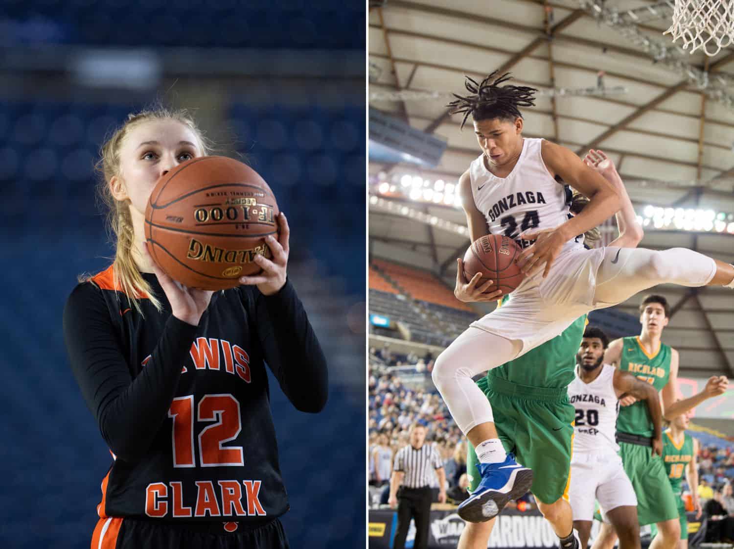 A female basketball player concentrates on nailing a basket, while a male player leaps into the air with the ball