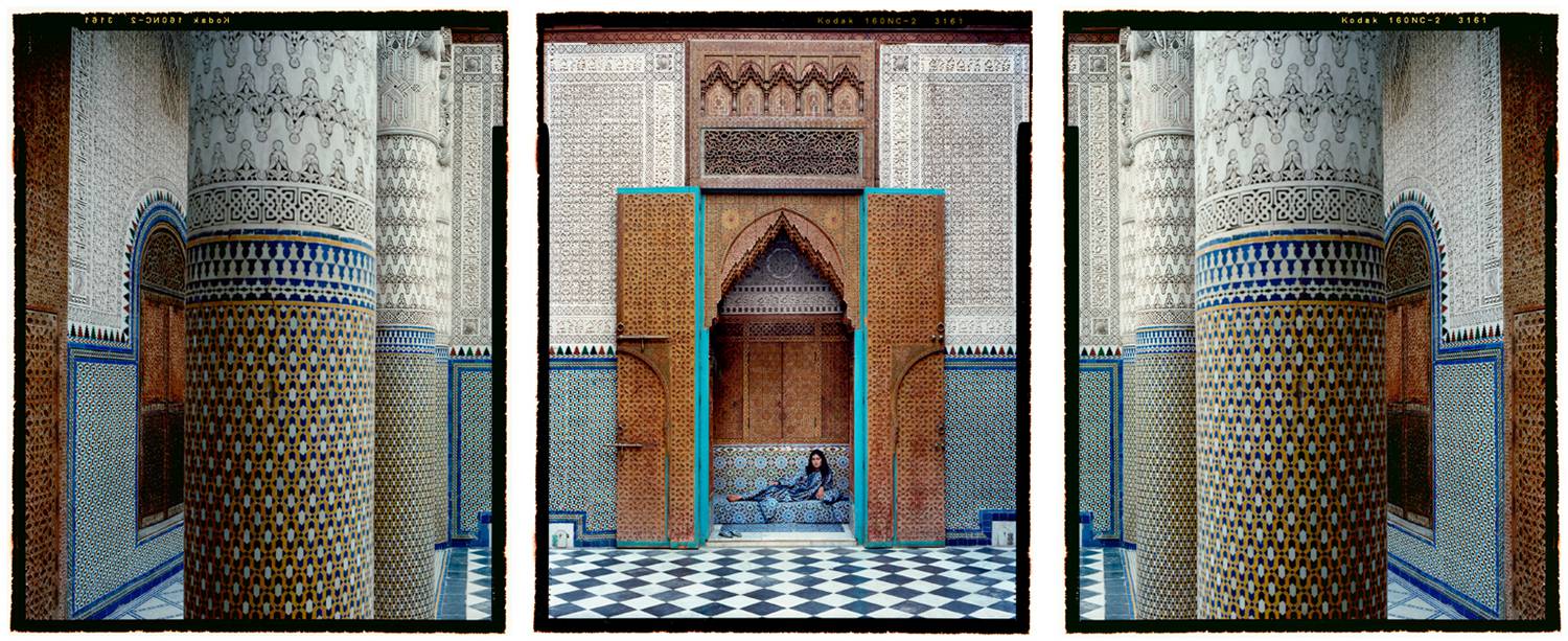 Photos: Lalla Essaydi's series "Harem" is shot in triptychs, like this 3-part photograph showing an Indian woman reclining in an opulent doorway.