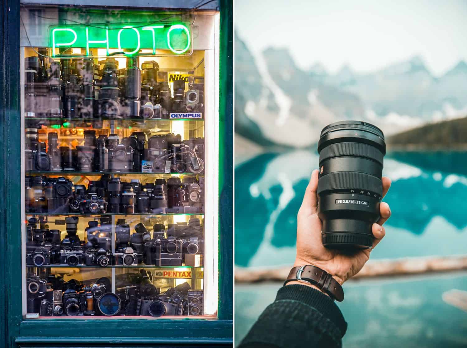 A store window filled with camera lenses. A hand holding a lens in front of a lake.