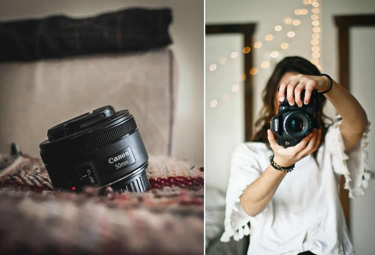 A small 50mm lens since on a sofa. A woman holds a camera in front of her face.
