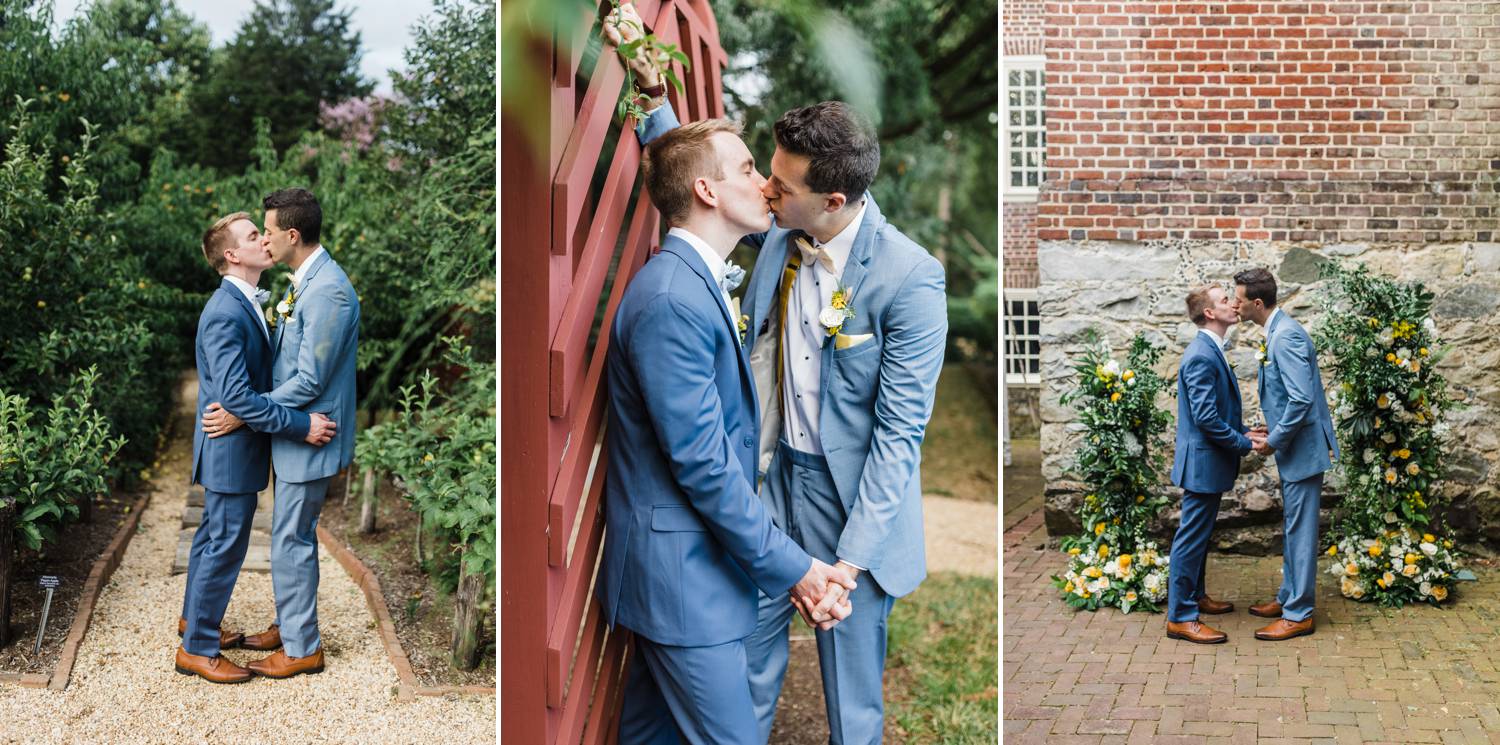 Three photos show two grooms kissing lighting during their wedding portraits