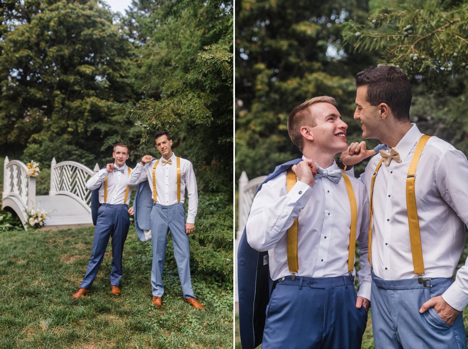 Two grooms hold their suit jackets over their shoulders and pose for a wedding portrait