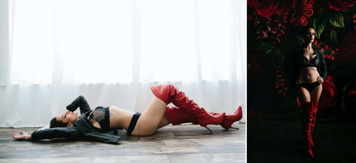 A woman poses for boudoir photographs in thigh-high red leather boots. Learn how to take boudoir photos in every kind of light! Visit shootproof.com/blog to see more!