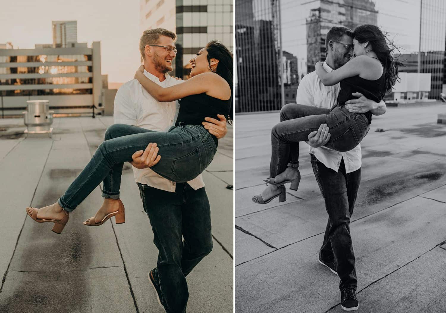 A man carries a woman across a city rooftop as they laugh and snuggle