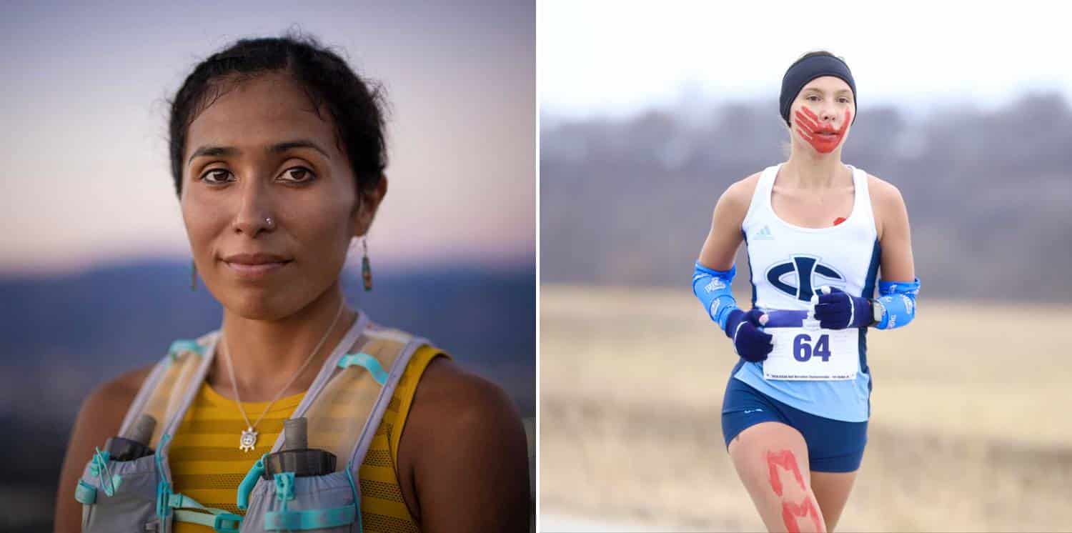Left: Jordan Marie Brings Three White Horses Daniel photographed by Devin Whetstone. Jordan ran the 2019 Boston Marathon while wearing the red handprint. | Right: Rosalie Fish photographed by Paul DeCoursey. Rosalie competed in the Washington State high-school track and field championship with awareness symbols painted on her body.